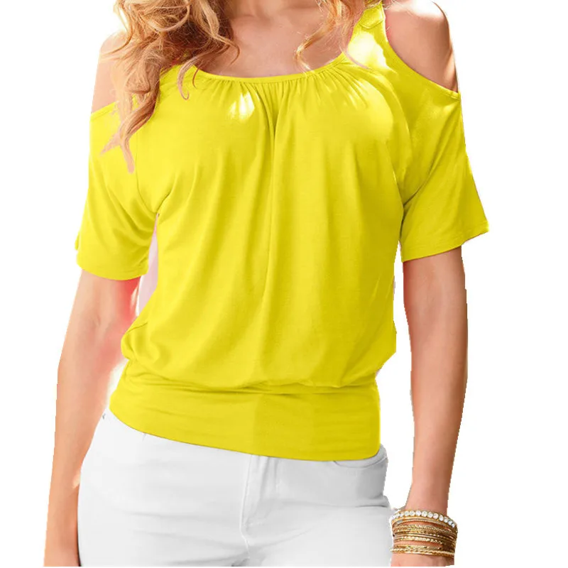

BACKSTROM Women Summer European American O-Neck Short-Sleeved T-Shirts Female Loose Off Shoulder Crop Tops Blue All-Match Tees