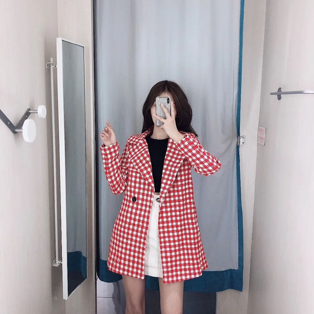 Винтажное красное клетчатое модное повседневное шерстяное Женское пальто зимняя куртка на одной пуговице с длинными рукавами и отворотом Женская куртка британская гусиная лапка
