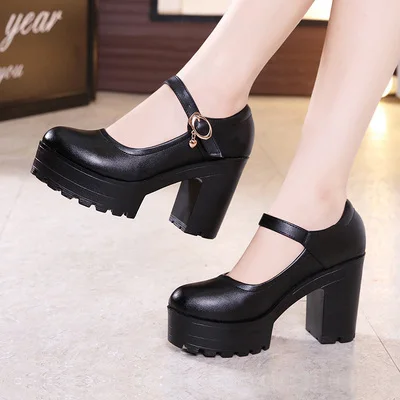 

spring new round head leather platform thick with thick bottom women's shoes shallow mouth large size high-heeled shoes ujy7