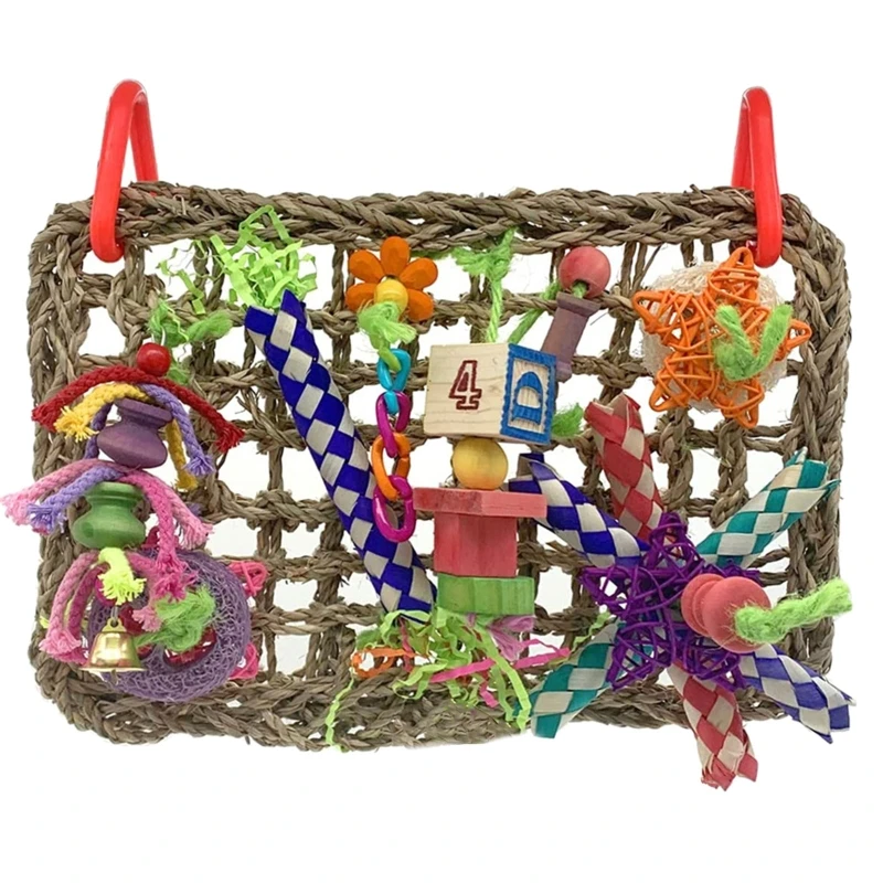 

Bird Toys Foraging Wall Toy Edible Seagrass Woven Climbing Mat with Colorful Chewing Toys for Lovebirds Finches Conures