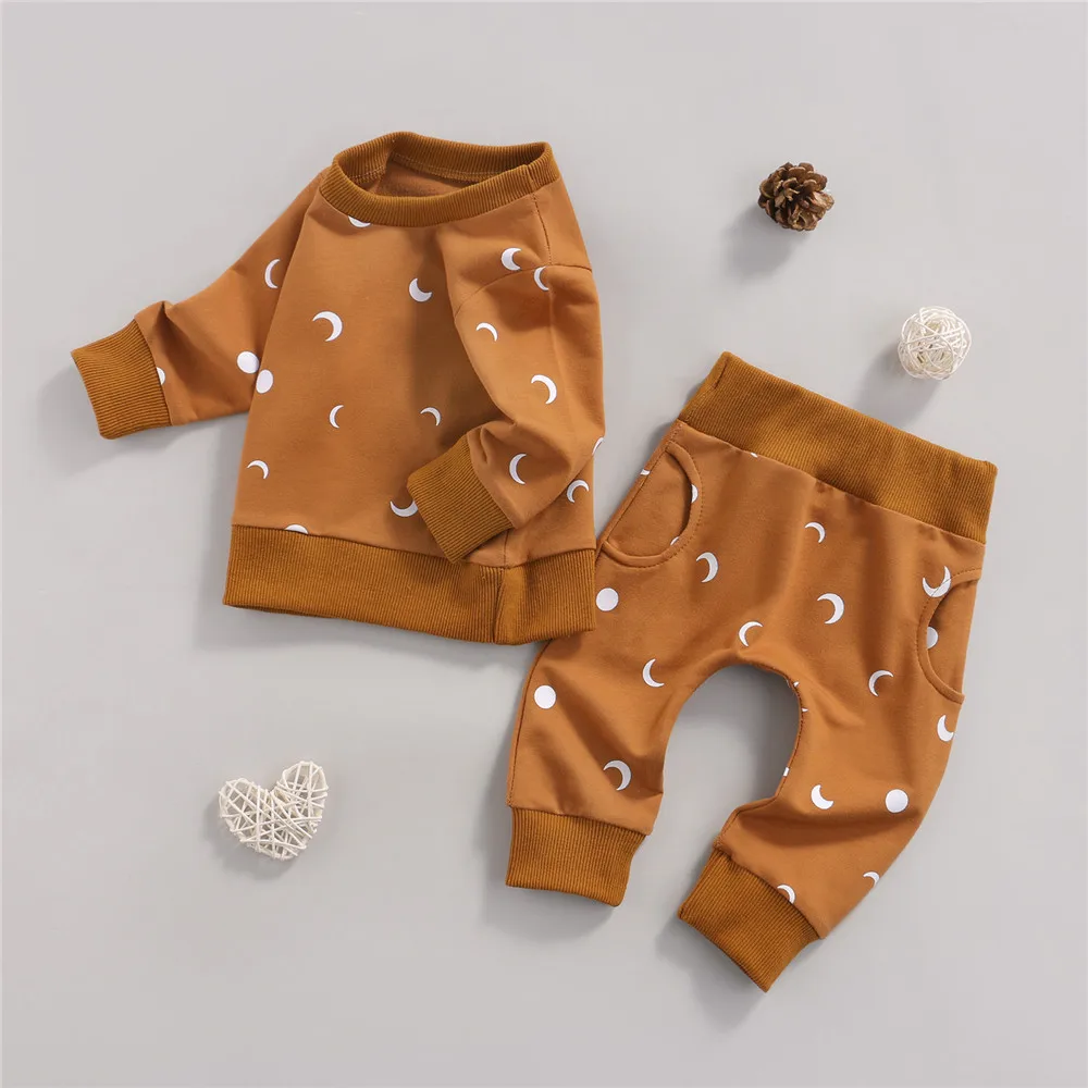 

Casual Kids Suit Sets Infant Baby Boys Girls Sun Moon Print O-Neck Long Sleeve Sweatshirts Tops+ Pockets Trousers Outfits 2pcs