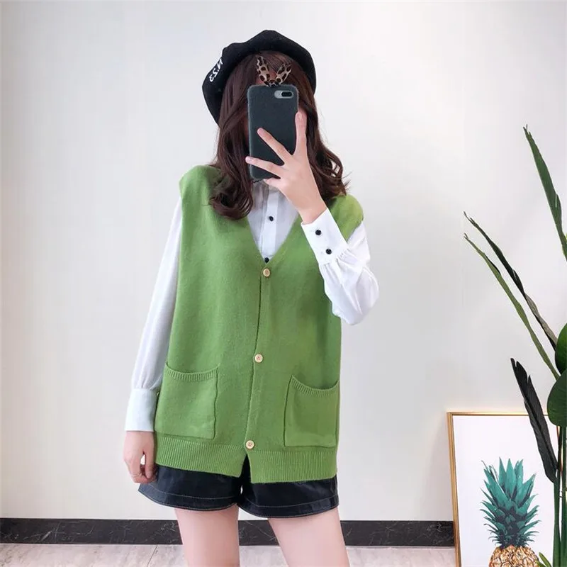 2019 Осень Новый Дикий v-образным вырезом карман простой сплошной цвет без рукавов