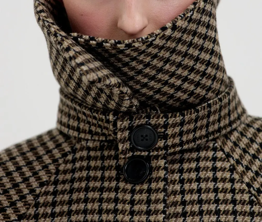 

Женское шерстяное пальто с большими карманами, коричневое клетчатое Прямое пальто средней длины с отложным воротником, Осень-зима 2021