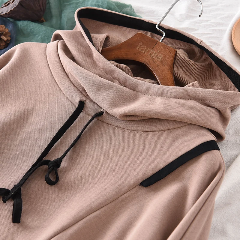 

Women Vintage Pullover Sweatshirts Solid Color Patchwork Pockets Hooded Terry 2021 Autumn Long Sleeve Female Hoodies