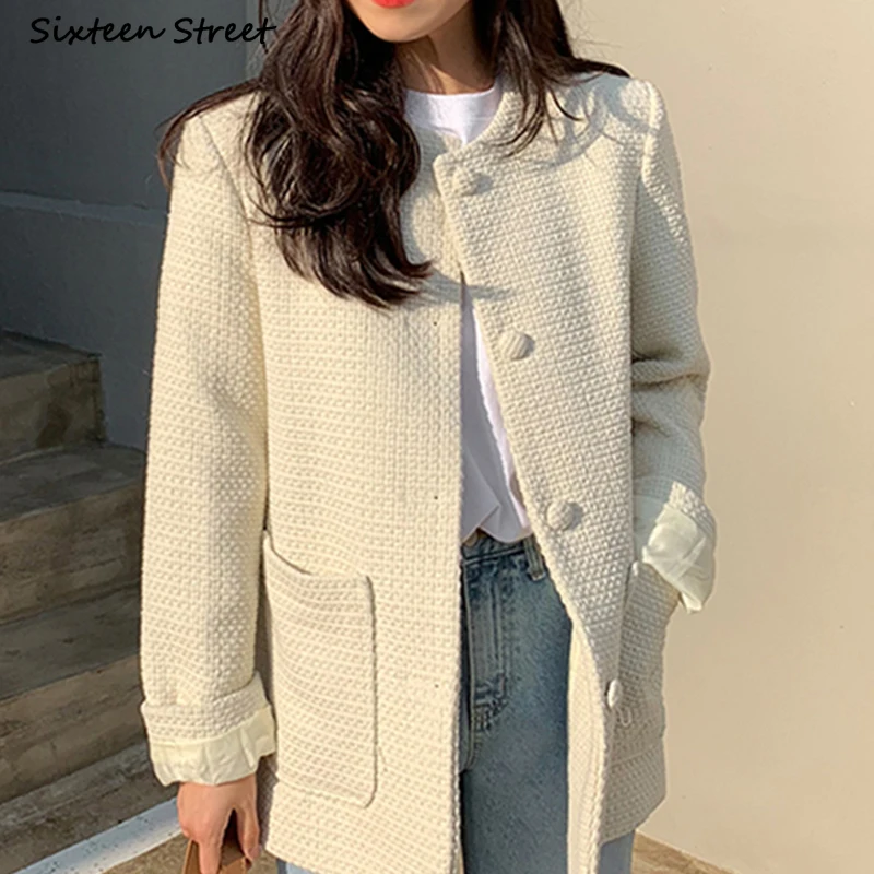 

Vintage Beige Tweed Jacket Woman Round Neck Autumn Winter 2021 Button Up Pocket Womens Fall Jackets Business Tops Dropshipping