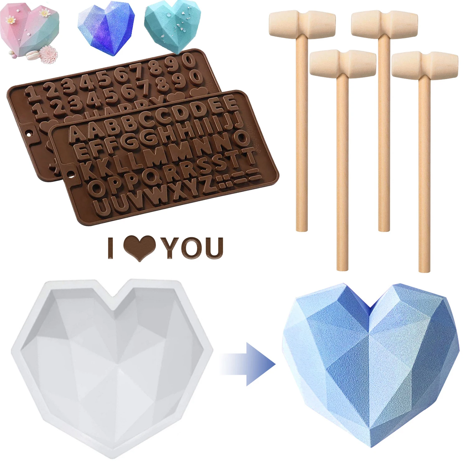 

7 Pcs Diamond Heart Silicone Cake Mold Trays 8.7 Inch Dessert Baking Pan with Number Molds and Letter Molds for Home Kitchen DIY