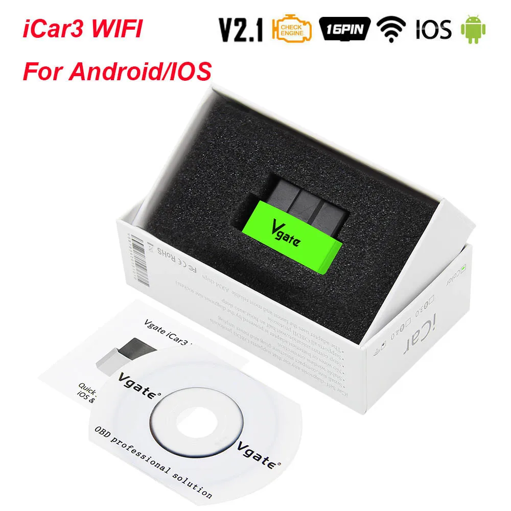 WIFI Green Vgate iCar3 ELM327 V2.1 ELM 327 iCar 3 V2.1 OBD2 Bluetooth wifi сканер ODB2 для Android/IOS OBD 2 OBD2 автомобильный диагностический инструмент - Цвет: WIFI Green