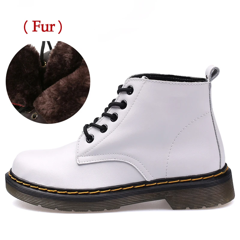 white fur Женские ботинки из натуральной кожи; большие размеры 44; зимние ботинки; ботильоны на меху; botas Mujer; ботинки на плоской платформе в стиле панк; Осенняя женская кожаная обувь - Цвет: white fur