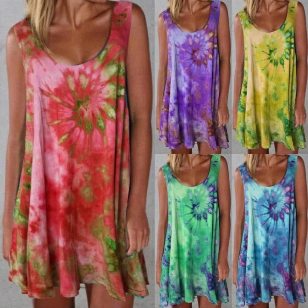 

Ladies Geometric Colorful Tie-dye Printing Sleeveless Vest Dress Summer Suspenders Round Neck Strapless Loose Mini Skirt