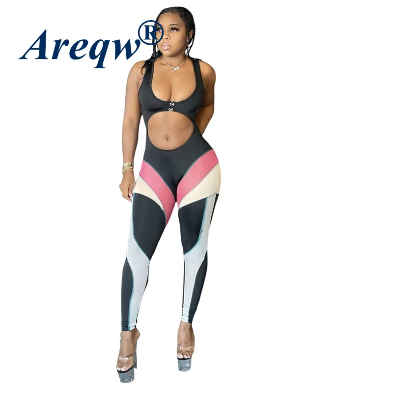 

2021 Summer Women's New Personality Reverse Wear Design Sense Stitching Contrast Color Slimming Sports and Leisure Jumpsuit