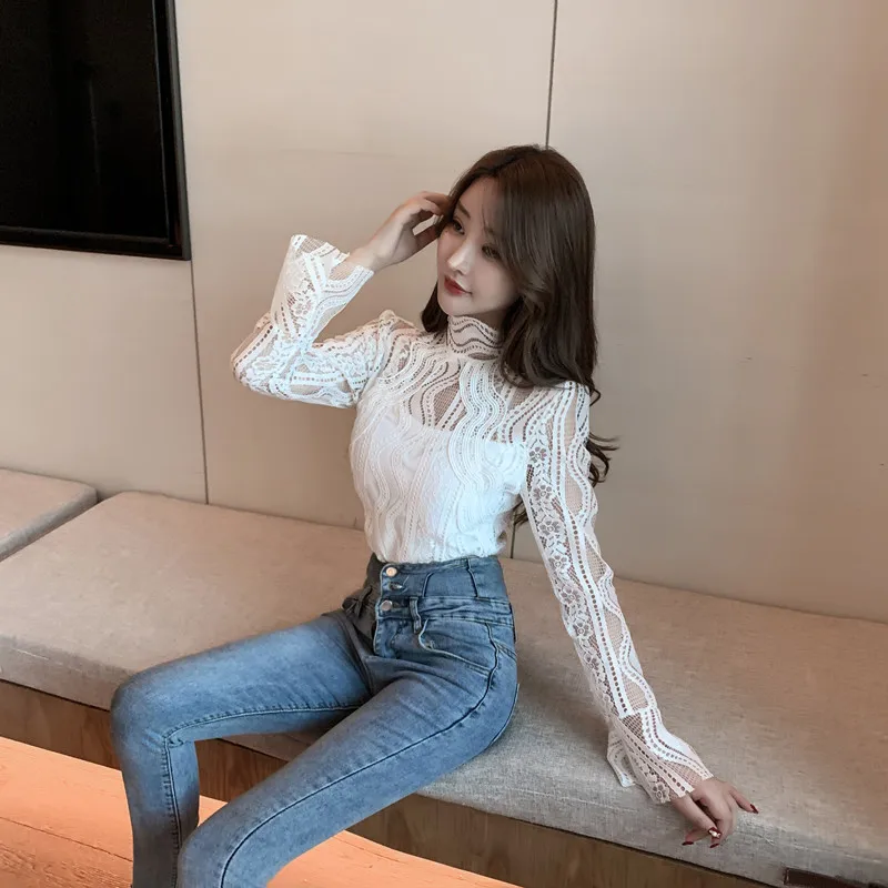 

basic sexy lace moda camisas spring fall fashion vintage style blouse women tops turtleneck shirts ladies blusa vetement femme