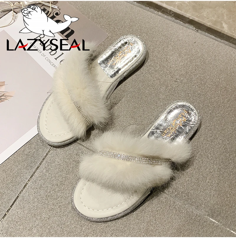 LazySeal/шикарная обувь для ювелирных изделий; женские тапочки из натурального меха; домашние теплые пушистые тапочки на плоской подошве; женские шлепанцы; вьетнамки