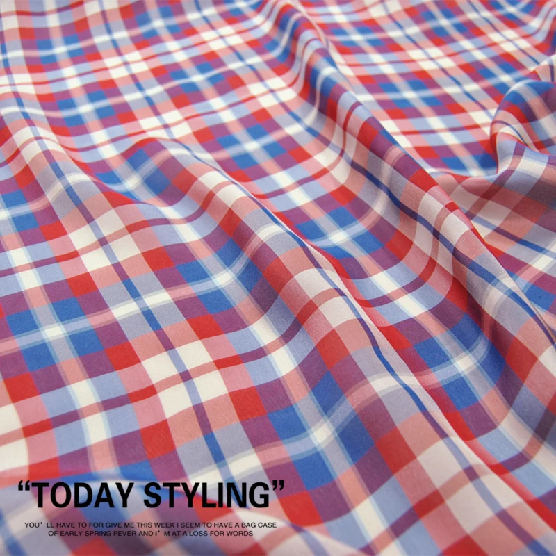 

Silk Chiffon Fabric Dress 12 momme Plaid Blue and Red Real Dress Shirt 100% clothing Cloth DIY Sewing Tissue