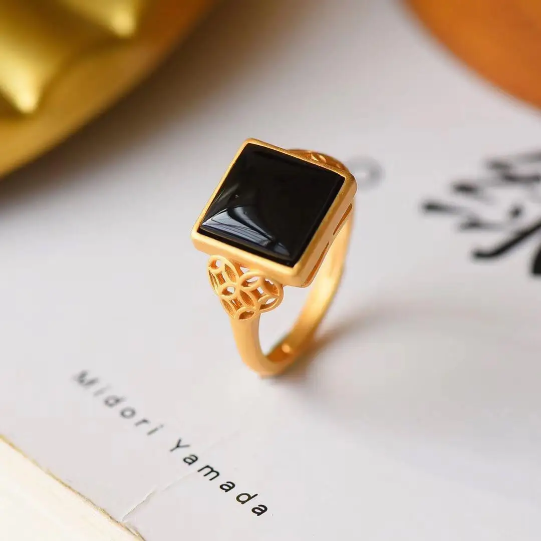 

Natural Hetian Dark Jade Square S925 Sterling Silver Female Ring New Retro Noble Mysterious Temperament Elegant Fashion All-Matc