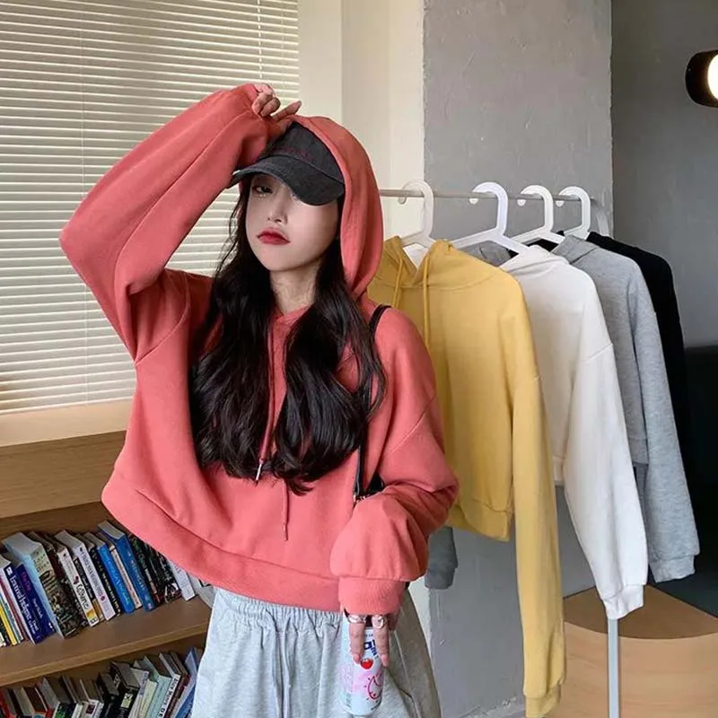 

2021 Short Hoodies Sweatshirt Women Korean Casual Crop Top Spring Long Sleeve Short Hoodie Female Pullovers Harajuku Hoodies