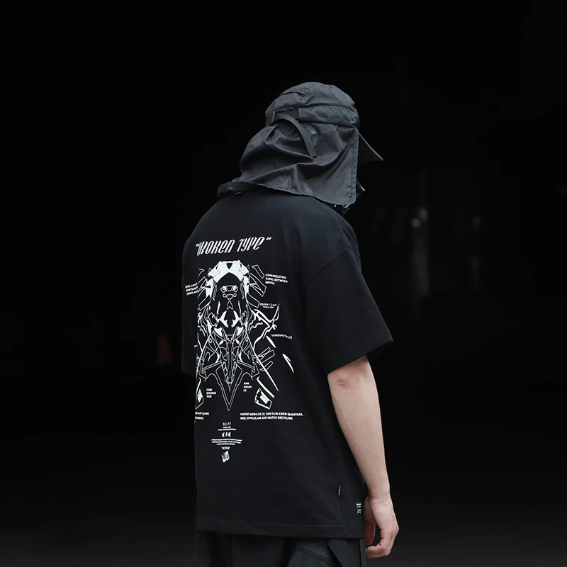 WHYWORKS 20SS Techwear графическая черная футболка сломанная модель в стиле хип хоп панк