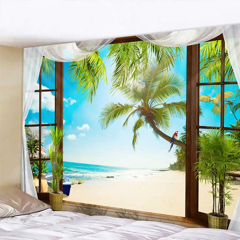 Гобелен для комнаты с видом на море настенное украшение моря кокосовый цвет