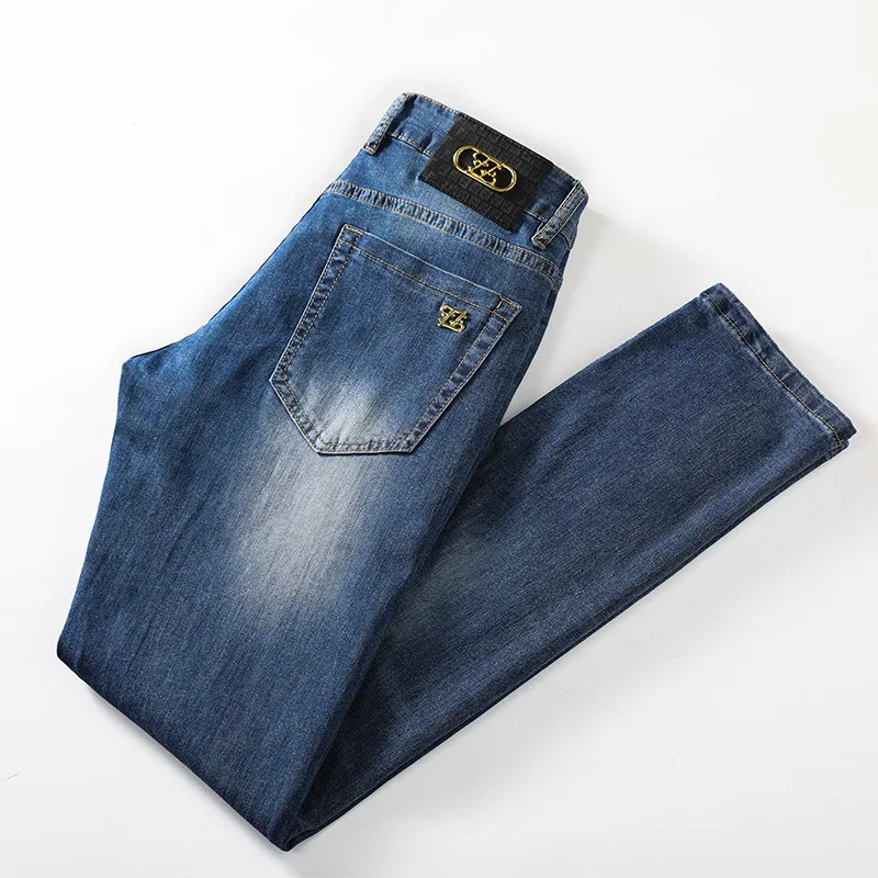 

Luren High-end Brand Summer Thin Men's Jeans Men's Slim Straight Stretch Pants Mid Waist Washed-out Vintage Blue