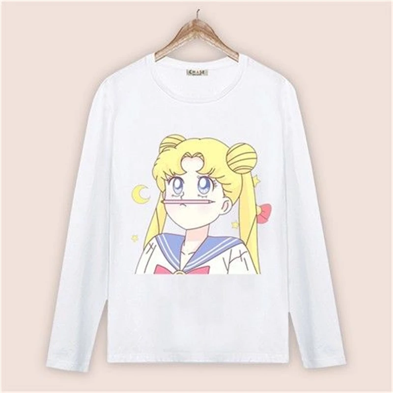 Ulzzang Harajuku Sailor Moon Print Kawaii Women Long Sleeve T-shirt Cute Cat Tshirt Cartoon Top Tees Female Casual White |