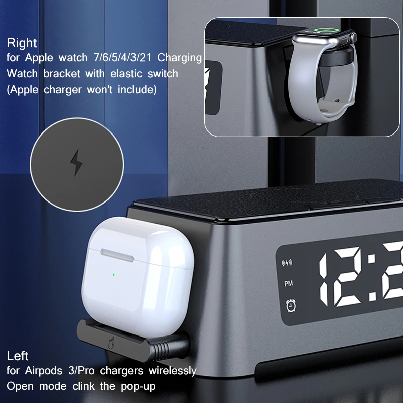 Estaci&oacute;n de carga inal&aacute;mbrica 3 en 1 con reloj despertador Led, 15W, para iPhone 13/12/11 Pro Max, Apple Watch, Airpods 3/Pro-2