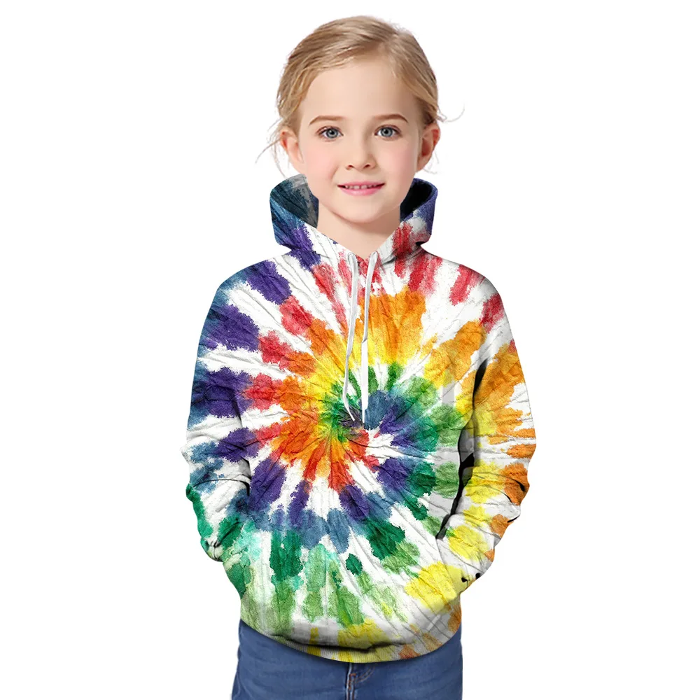 

New Style Tie Dyed 3D Digital Printing Children's Hooded Sweater Casual Loose Hoodie