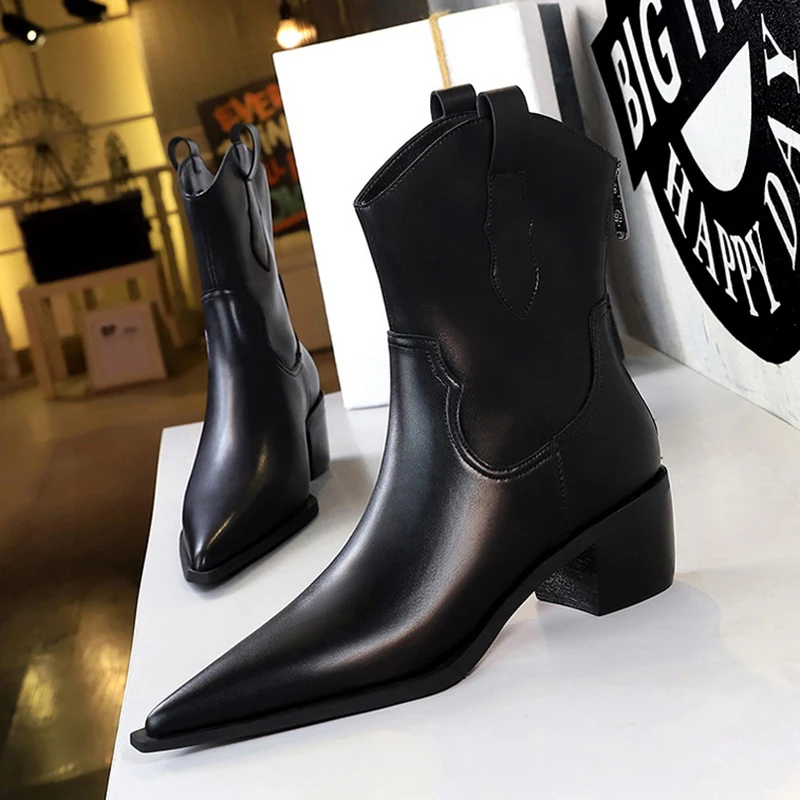 

Женские ковбойские ботинки из ПУ кожи, Черные ботильоны на массивном высоком каблуке 2021 см, с острым носком, ботинки челси, зима 5,5