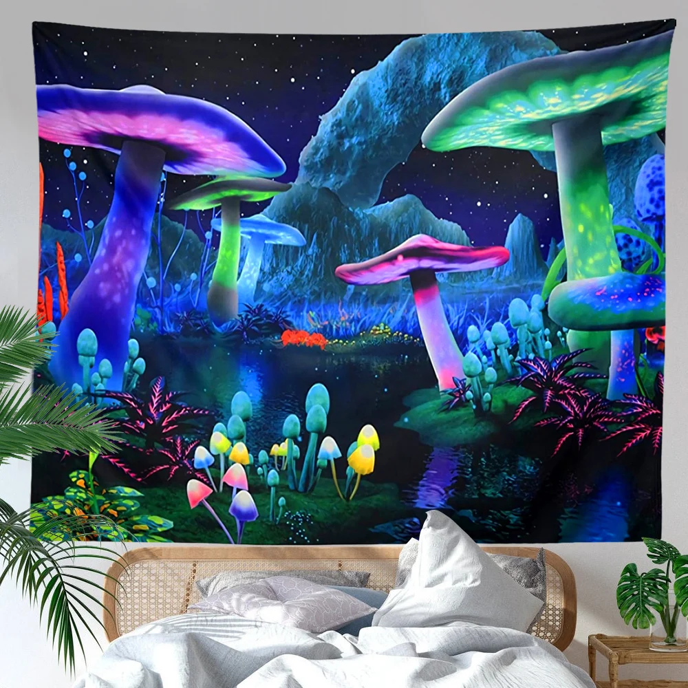 Psychedelic Mushroom Tapestry Fantasy Plant Wall Galaxy Space Starry Night Sky Hanging for Room | Дом и сад