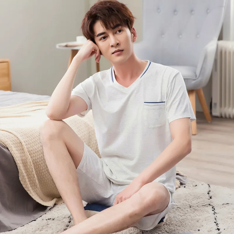 (Top + Pants) Men's short-sleeved pajamas suit casual fashion solid color round neck home clothes can be worn outside 2021