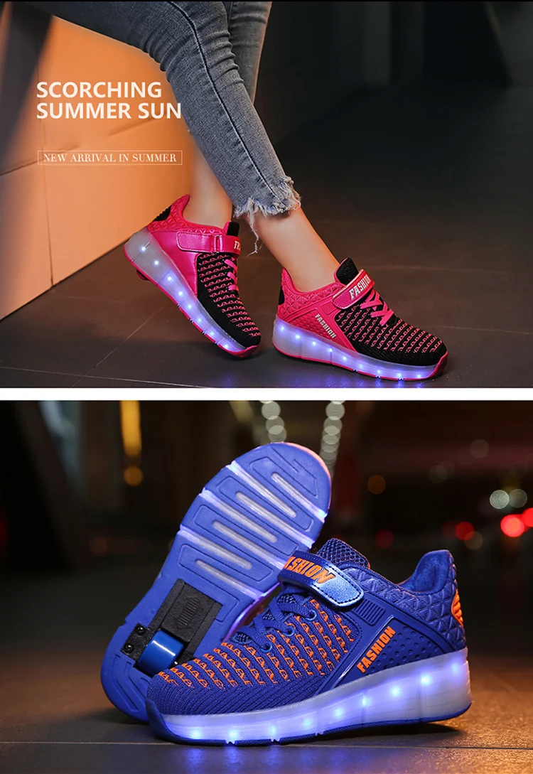 HYFMWZS Модные светодиодный Heelys обувь из дышащего материала, детское платье из двух спортивная обувь Съемная Детские Тонкие Туфли ролики срок производства тиража: 30-40