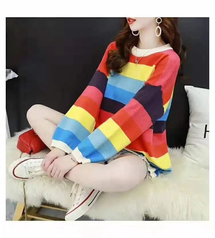 Трикотажный свитер с радужным покрытием для зимы 2020 женский милый полосатый