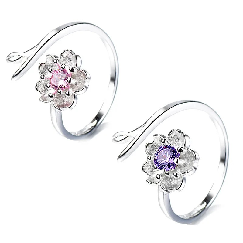 

Summer Beach Vacation Aesthetic Wedding Blue Pink Flower Ring for Women Couples Alloy silver plating CZ Open Rings Adjustable