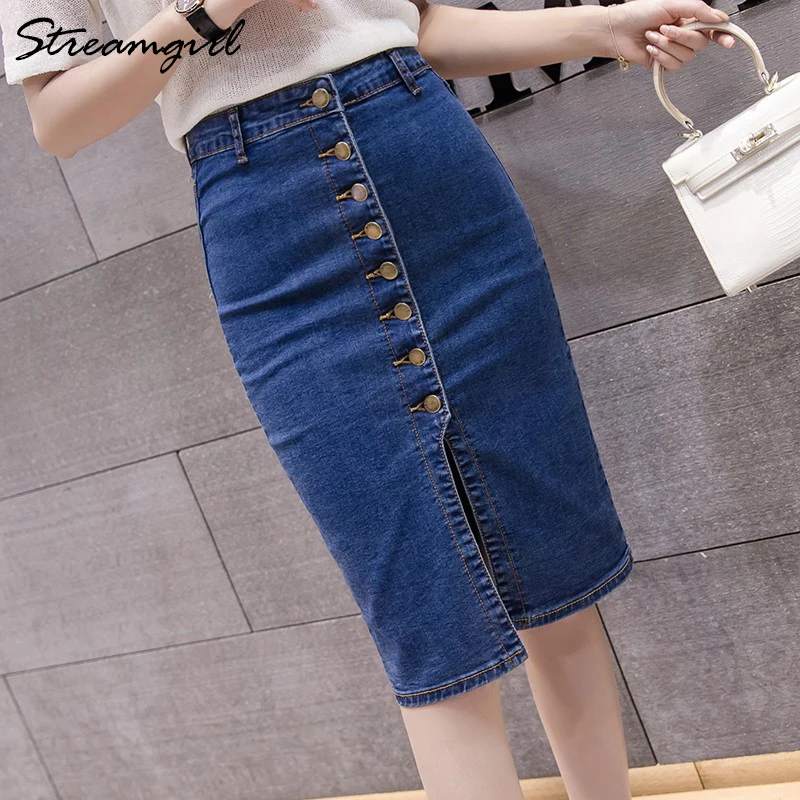 Женская джинсовая юбка карандаш из денима средней длины с высокой талией и