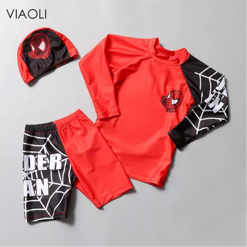 Spider Print Boys Long Sleeve Swimwear Summer Baby Kids Swimsuit 3 Pieces  Suits 2018 Beach Surfing Bathing Suits 2-12 Years old