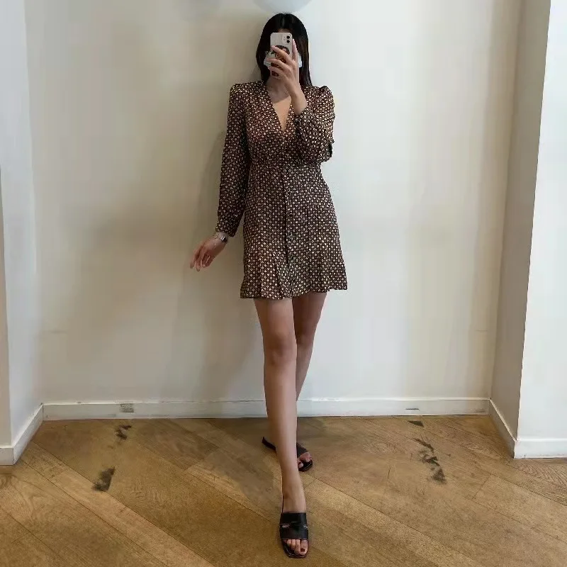 

Women Dress 2021 Autumn and Winter New Polka Dot Printing Buttoned V-neck Long-sleeved Dress