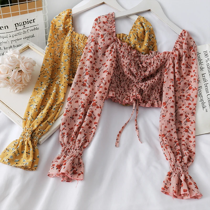 New 2020 Women chiffon blouse sweet floral print sexy ruched blouses short design long sleeve square collar shirt female | Женская