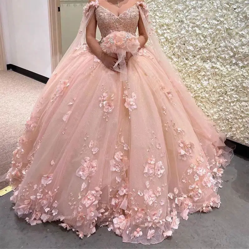 

Gorgeous Pink Ball Gown Quinceanera Dress 2022 Beading Appliques Long Skirt Sleeveless Sweet 15 16 Birthday Sweep Train Party