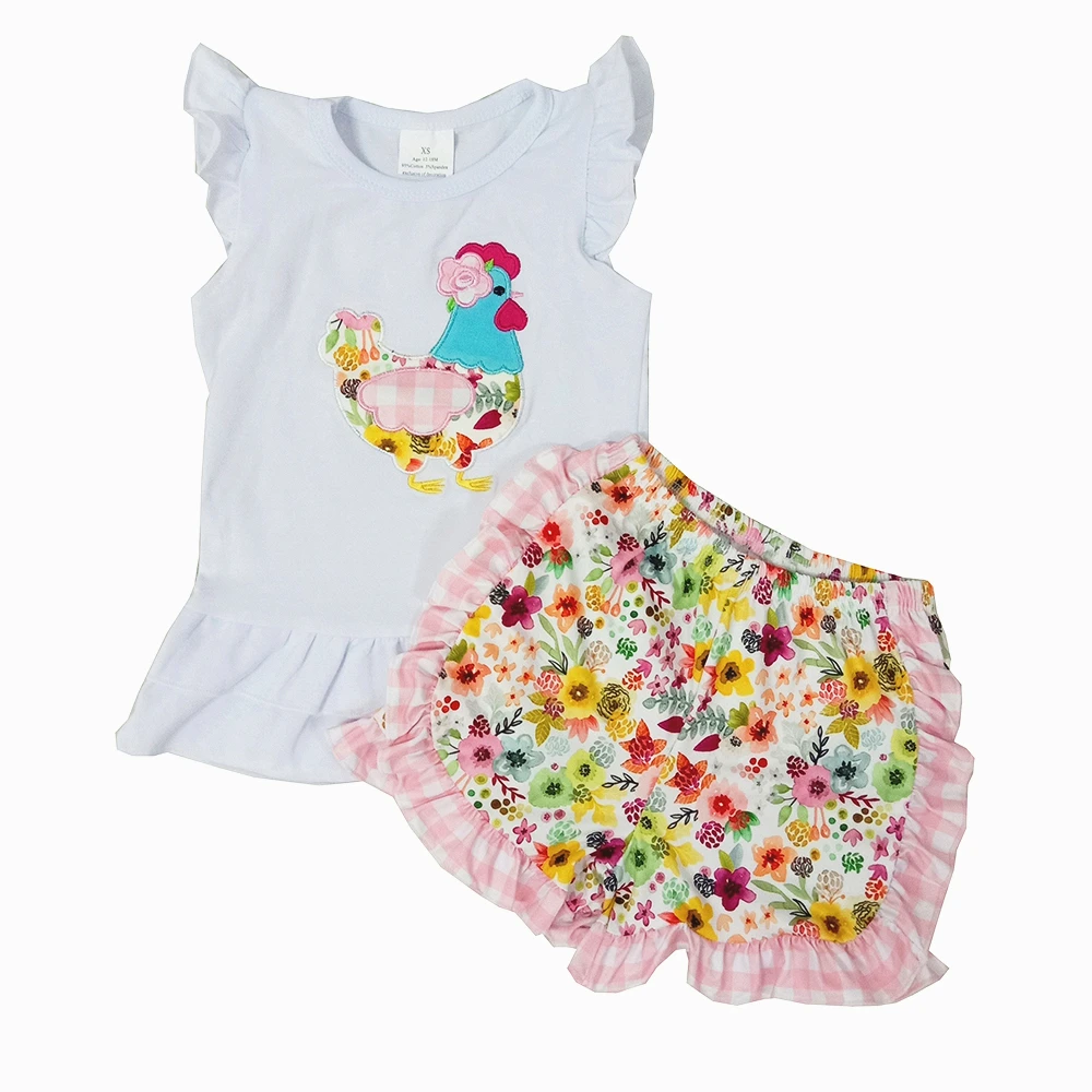 

Applique chicken top floral ruffle shorts summer 2pcs set for baby girl