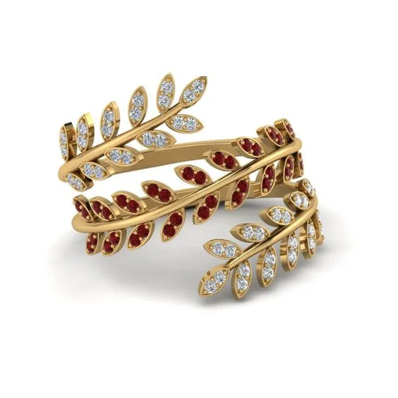 

Charm Female Red Zircon Stone Ring Classic Gold Color Engagement Ring Vintage Leaf Crystal Open Wedding Rings For Women
