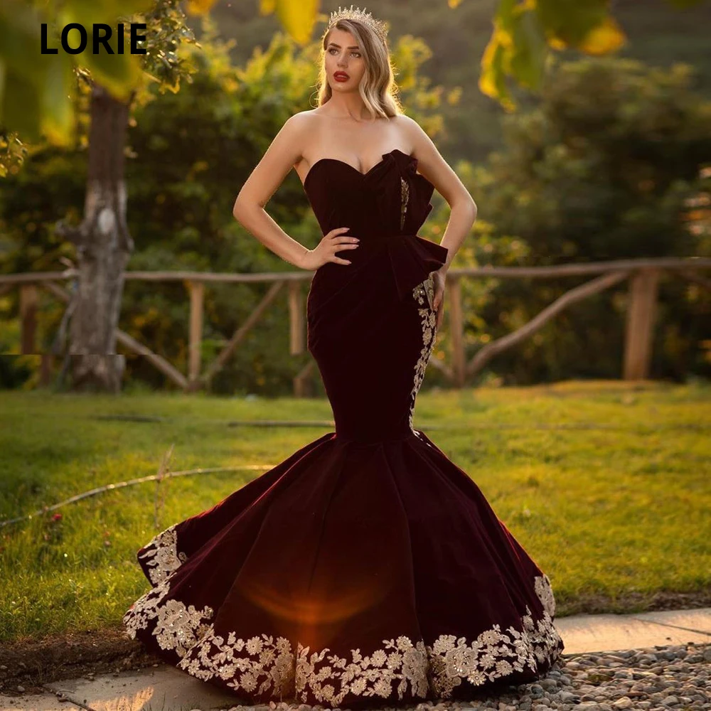 

LORIE Burgundy Mermaid Evening Dresses Sweetheart Neck Plus Size Gold Lace Appliqued Prom Gowns Sweep Train Velvet Formal Dress