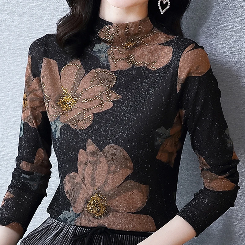 

Autumn Long Sleeve Blouse Women Blusas Mujer De Moda 2021 Stand Collar Diamonds Print Blouse Shirt Womens Tops And Blouses