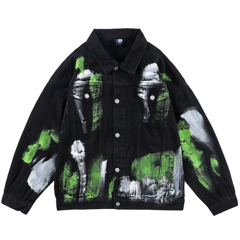 

Mens Harajuku Foil Paint Splatter Denim Jacket Unisex Outwear Streetwear Male Hip Hop Oversize Retro Black White Jackets Coats