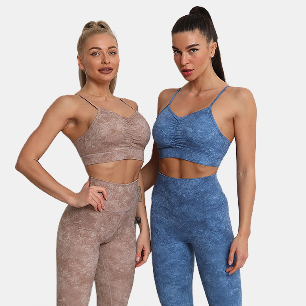 

Seamless Tie Dye Sport Set for Women High Waist Scrunch Leggings Push Up Sport Bra Crop Top Femme Workout Active Wear Woman 2021