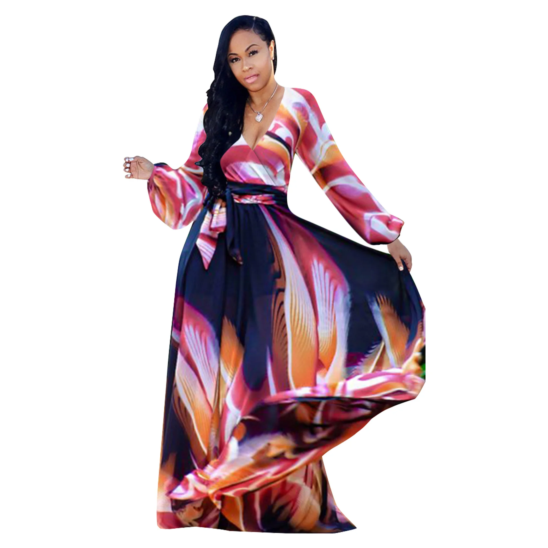 

FNOCE 2021 new spring women's dresses large size fashion trends casual print long sleeve v-neck big swing belt slim maxi dress