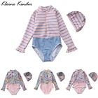 Купальник для девочек Цельный с шапочкой для плавания полосатый цветочный с длинными рукавами детский купальник Рашгард детский купальный костюм для маленьких девочек