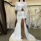 Женское свадебное платье-Русалка Thinyfull, белое пляжное платье с бантом и длинными рукавами, платье с разрезом сбоку и высоким воротником для невесты