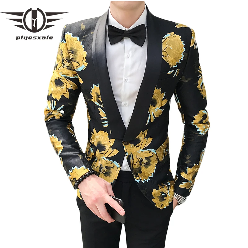 Gold White Flower Printed Floral Blazer Men Autumn Slim Fit Mens Casual Blazer Jacket Man Prom Party Stage DJ Blazers Q781