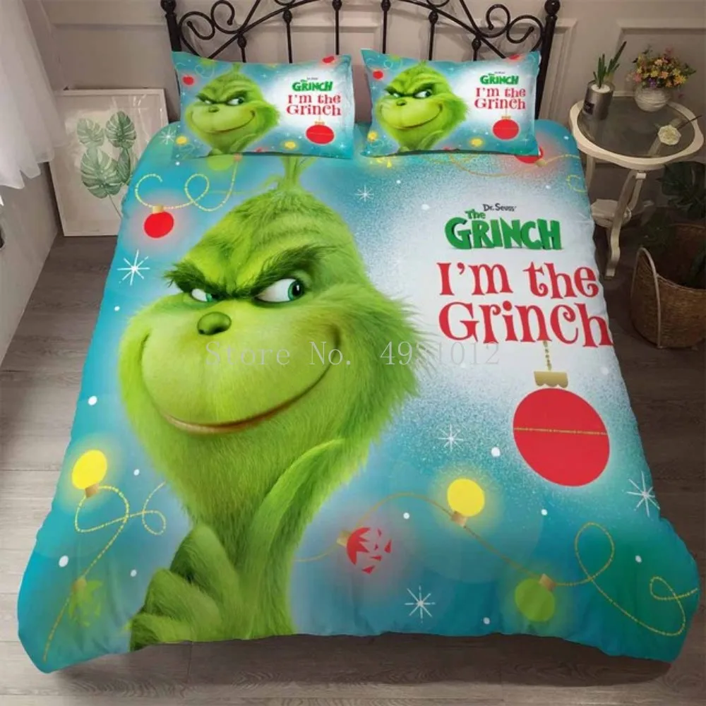 Green Monster Grinch Cartoon Bedding Set Duvet Cover Pillowcases Comforter Cover Bed Linens Bedclothes Full Size Christmas Gifts