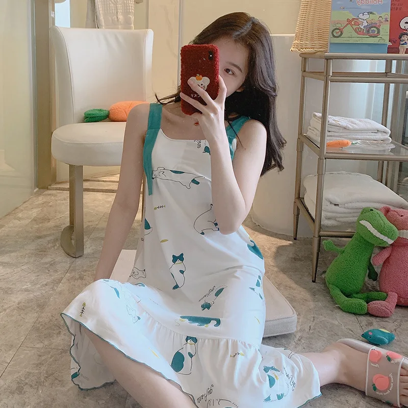 Summer New Vest Nightdress Women's Cartoon Sexy Nightgown Female Thin Korean Princess Sweet Nightwear Home Clothes Sleeopwear