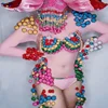 

Pink Beads Diamond Bodysuit Dance Costume Rhinestone Sexy Dance Wear Bikini