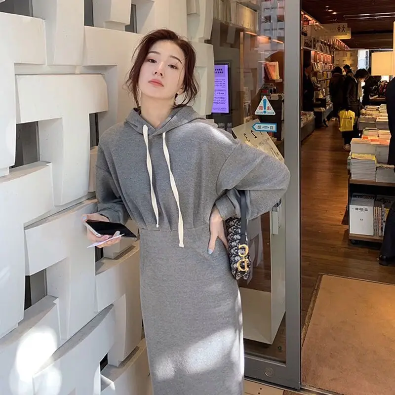 Большие размеры M-4XL женское Спортивное платье с капюшоном серого и черного цвета